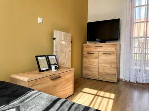 um quarto com uma televisão numa cómoda de madeira em Miadora apartments - Apartma Prekmurska hiška em Moravske-Toplice