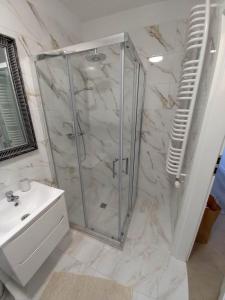 ein Bad mit einer Dusche und einem Waschbecken in der Unterkunft Apartament Green Park 2 in Starogard Gdański