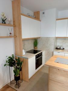 cocina con armarios blancos y estufa negra en Apartament Green Park 2, en Starogard Gdański
