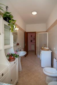 ein Bad mit einem Waschbecken, einem WC und einer Dusche in der Unterkunft Villa Tigani in Soverato Marina