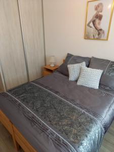 sypialnia z dużym łóżkiem z 2 poduszkami w obiekcie Apartament Green Park 2 w Starogardzie Gdańskim