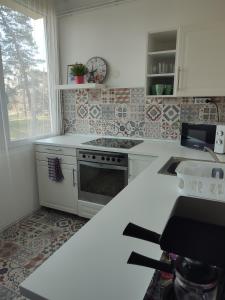 a white kitchen with a sink and a stove at Palota Apartman in Gödöllő