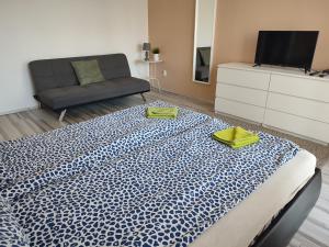 ein Wohnzimmer mit einem Bett und einem Sofa in der Unterkunft Palota Apartman in Gödöllő