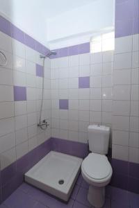 a purple and white bathroom with a toilet and a shower at Apartments Spartacus in Polykhrono +42 photos