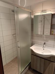 een badkamer met een wastafel en een douche bij Savvas&Katia's luxury house in Mantoúkion