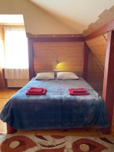 um quarto com uma cama com duas toalhas vermelhas em Malvy hotel em Truskavets