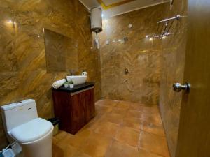 a bathroom with a toilet and a sink and a shower at A radiant villa on Ganges with modern amenities in Rishīkesh