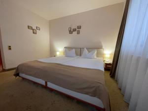 1 dormitorio con 1 cama grande con sábanas y almohadas blancas en Pensiunea Luiza, en Brasov