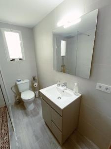 a bathroom with a sink and a toilet and a mirror at Apartamento La Viñuela in Córdoba
