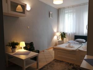 a bedroom with a bed and a table in a room at Głębia in Dąbrówno