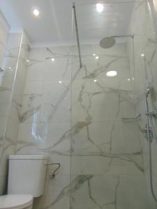 ein Bad mit einer Glasdusche und einem WC in der Unterkunft Sweetmar Rooms-Ground floor in Kos-Stadt