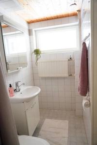een badkamer met een wastafel, een toilet en een raam bij Lovely studio in Leppävaara in Espoo
