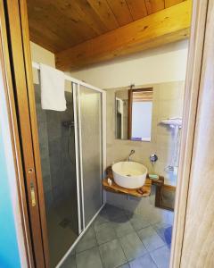 La salle de bains est pourvue d'un lavabo et d'une douche. dans l'établissement Residenza Matilde, à Fiumefreddo Bruzio