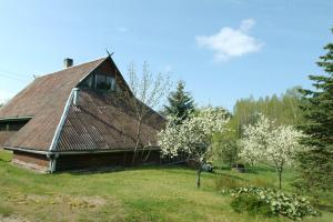 a house with a roof on a field with trees at Summerhouse Labanoras in Stirniai