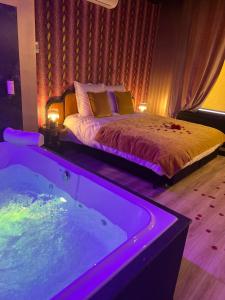 een slaapkamer met een bed en een bad bij Hôtel Mademoiselle in Luik