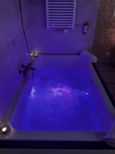Hôtel Mademoiselle في لييج: حوض استحمام أزرق مع حوض في الغرفة