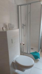 a white bathroom with a toilet and a shower at Fewo Jahn in Bad Schandau