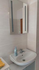 a white sink in a bathroom with a mirror at Fewo Jahn in Bad Schandau