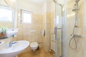 a bathroom with a shower and a sink and a toilet at Guesthouse Villa Irena in Zadar
