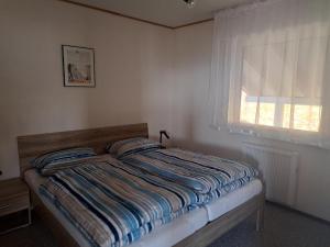 1 cama en un dormitorio con ventana en Alpenblick, en Eppenschlag