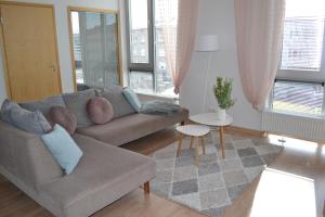 a living room with a couch and a table at Aida 5 City Center Apartment in Pärnu