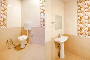 2 immagini di un bagno con servizi igienici e lavandino di FabExpress Shree Karuna a Transport Nagar