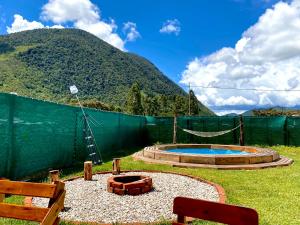 a backyard with a swimming pool and a mountain at Cabaña Alpina SEAL in Oxapampa