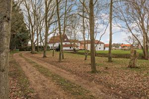 a dirt road with trees in front of a house at Amazing Spa Country House with Indoor Pool, Sauna and Steam Room in Tibenham