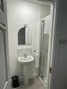 a white bathroom with a sink and a shower at Newly renovated Cottage with private trout fishing set in beautiful wildlife estate in Monaghan