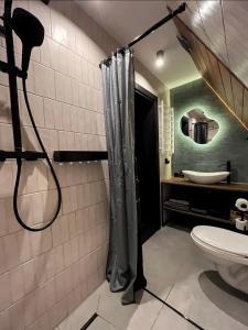 a bathroom with a shower with a toilet and a sink at Mirador Cottage in Slavske