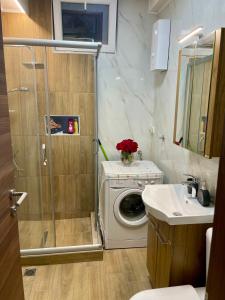 a bathroom with a washing machine and a sink at Luxury City Center Apartment in Skopje