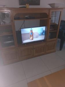 a television in a wooden entertainment center with a bottle on it at Allesreg Chalet E2 in Margate