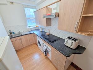 a small kitchen with a sink and a dishwasher at Two bedroom apartment near Lewisham Station in London