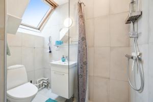 a bathroom with a shower and a toilet and a sink at NICE TOPFLOOR STUDIO APARTMENT in Copenhagen