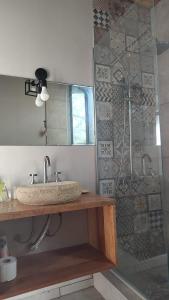 uma casa de banho com um lavatório e um chuveiro em La Pausa Casa Rural em A. de la Cruz