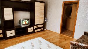 sala de estar con TV y espejo en KyivStay Vvedenska Apartment, en Kiev