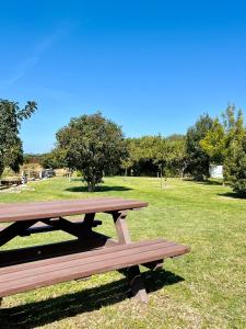 un tavolo da picnic in legno in un campo alberato di Agriturismo Silis a Sennori