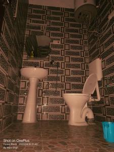 een badkamer met 2 wastafels en een toilet in een kamer bij Hotel pahalgam star in Pahalgām