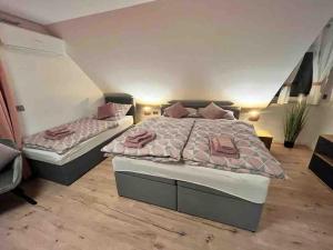 a bedroom with two beds with pink pillows at Haus an der Sieber Zimmer 3 in Herzberg am Harz