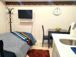 a kitchen with a sink and a tv on the wall at Cozy & Convenient Studio Apartment in Pickering