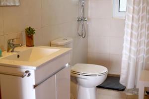a bathroom with a toilet and a sink and a shower at Casas Goulart in Canto da Areia