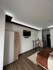 a bedroom with a bed and a television on a wall at Apartman S2 in Ostrovo