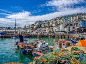 een groep boten aangemeerd in een haven met gebouwen bij Beautiful, spacious 3 bed Brixham apartment in Brixham