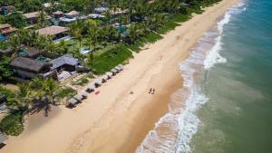 uma vista sobre uma praia com palmeiras e o oceano em Pousada Hayo Pé na Areia em Caraíva
