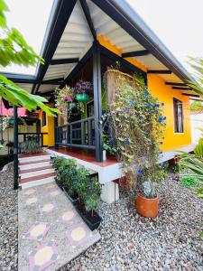 una casa amarilla con plantas y flores delante de ella en AnaGris Cottage en Monterrey