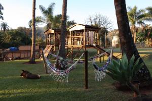 a dog laying on the grass in front of a playground at Solar Maria Carolina in Mario Campos