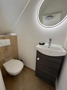 La salle de bains est pourvue de toilettes, d'un lavabo et d'un miroir. dans l'établissement Aparthotel Parsberg LFerstl, à Parsberg