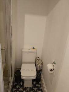 a small bathroom with a white toilet with stars on the floor at Tregella Guest House in Newquay