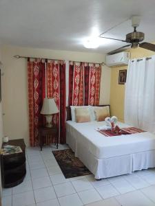 1 dormitorio con 1 cama blanca grande y cortinas rojas en 11 Glenhope Avenue en Kingston
