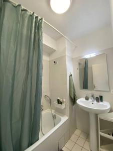 łazienka z zasłoną prysznicową i umywalką w obiekcie Vaste et lumineux T2 w mieście Annemasse